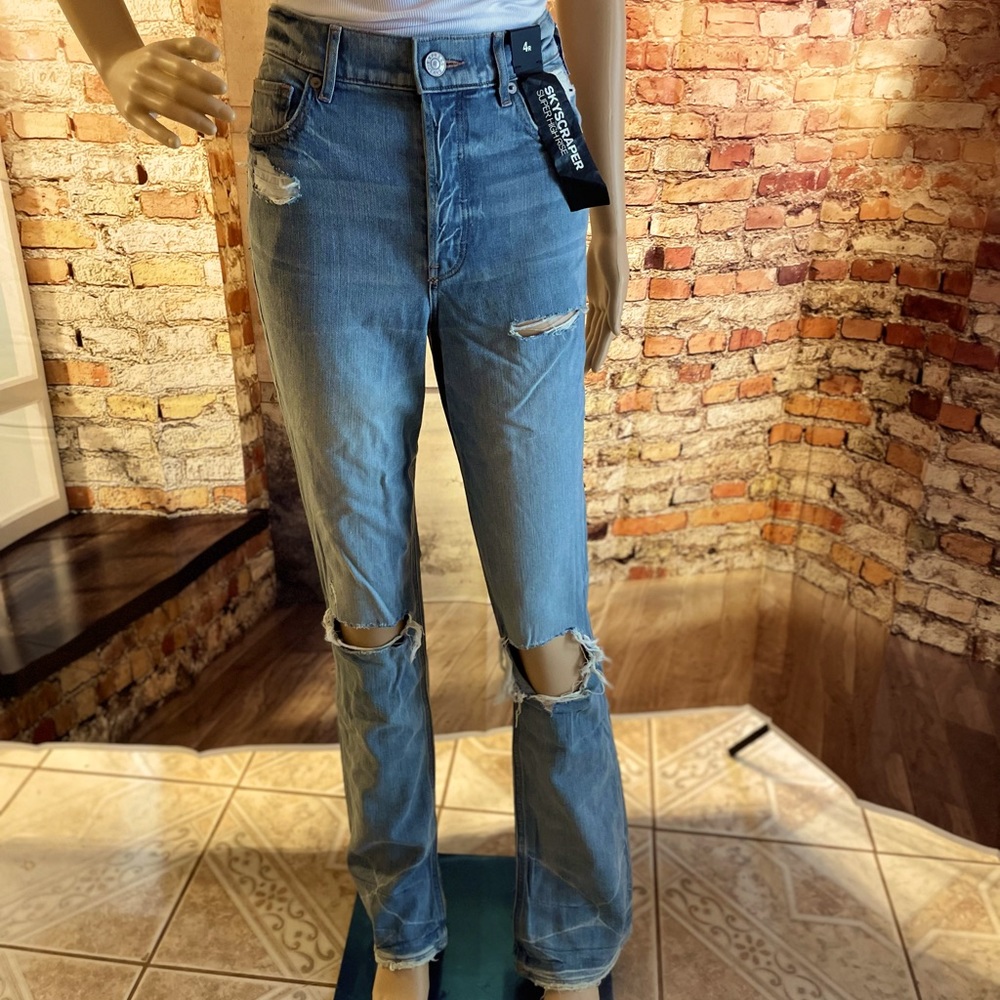 Express Skyscraper Jeans Super High Rise Waist Distress Boot Cut Womens NWT